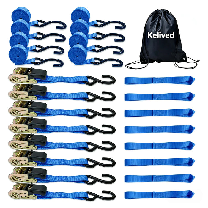 Ratchet Tie Down Straps, 1 Inch  x 16 Feet (8-Pack, Blue）