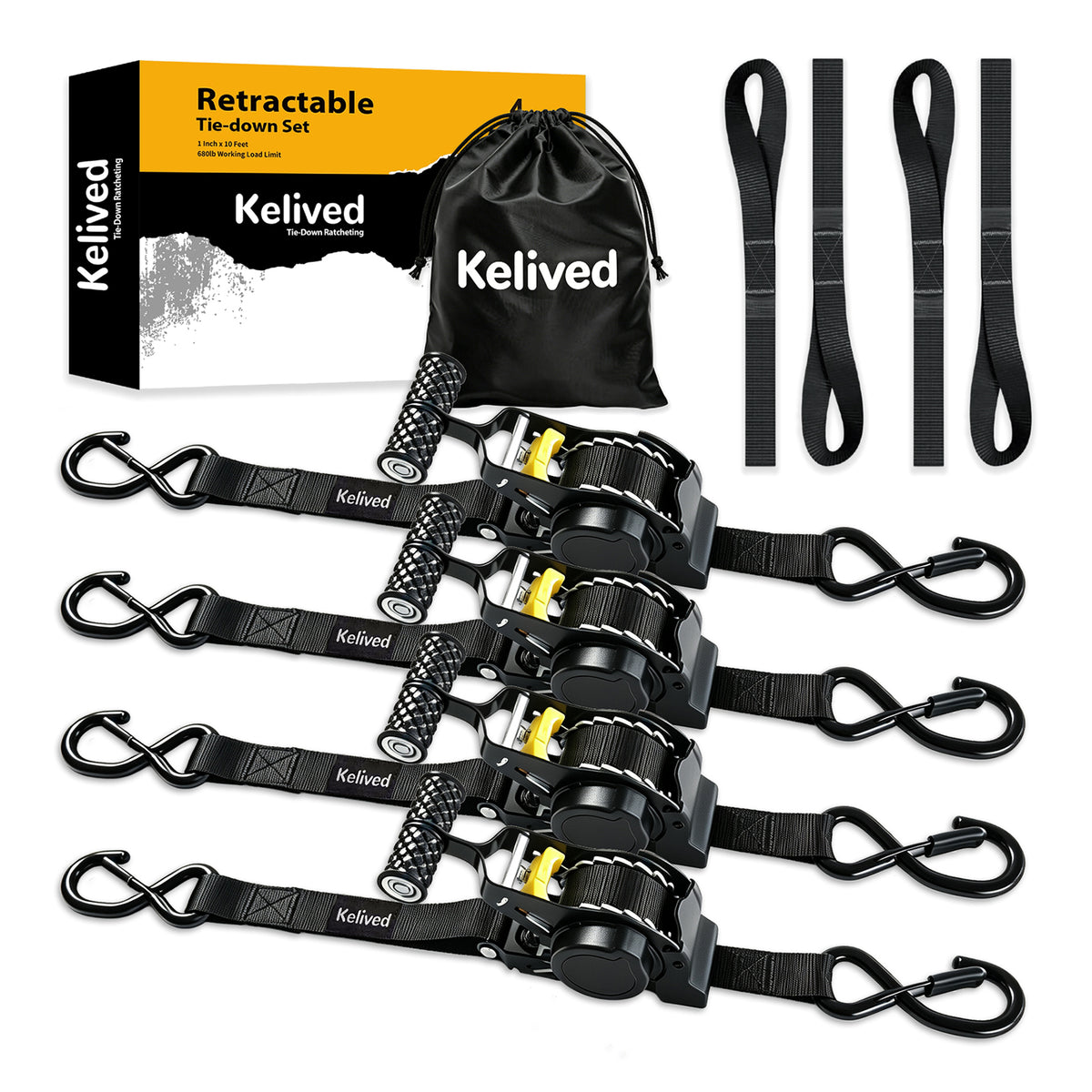 Retractable Ratchet Straps, 1 Inch x 10 Feet (4-Pack)