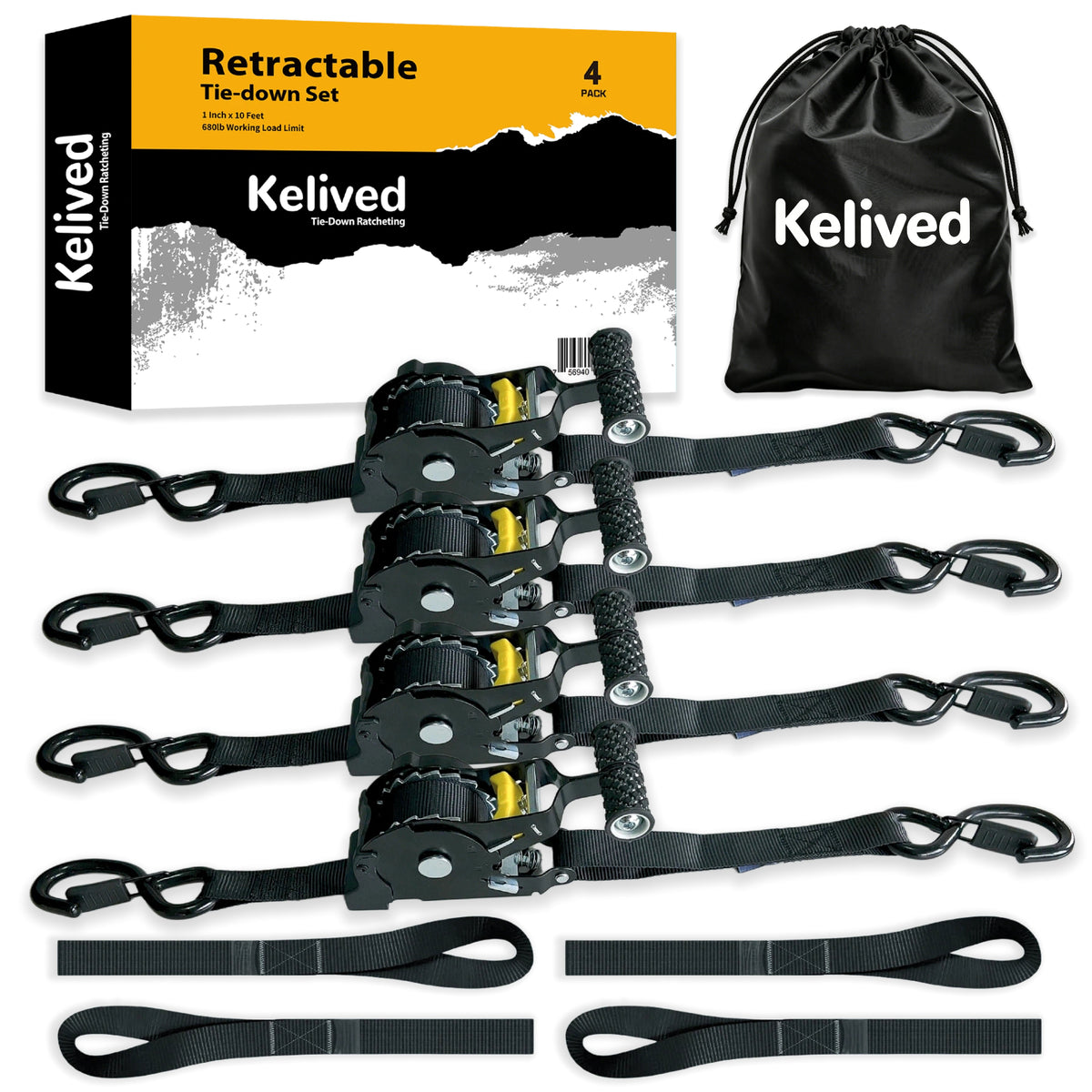 Retractable Ratchet Straps, 1 Inch x 10 Feet (4-Pack)