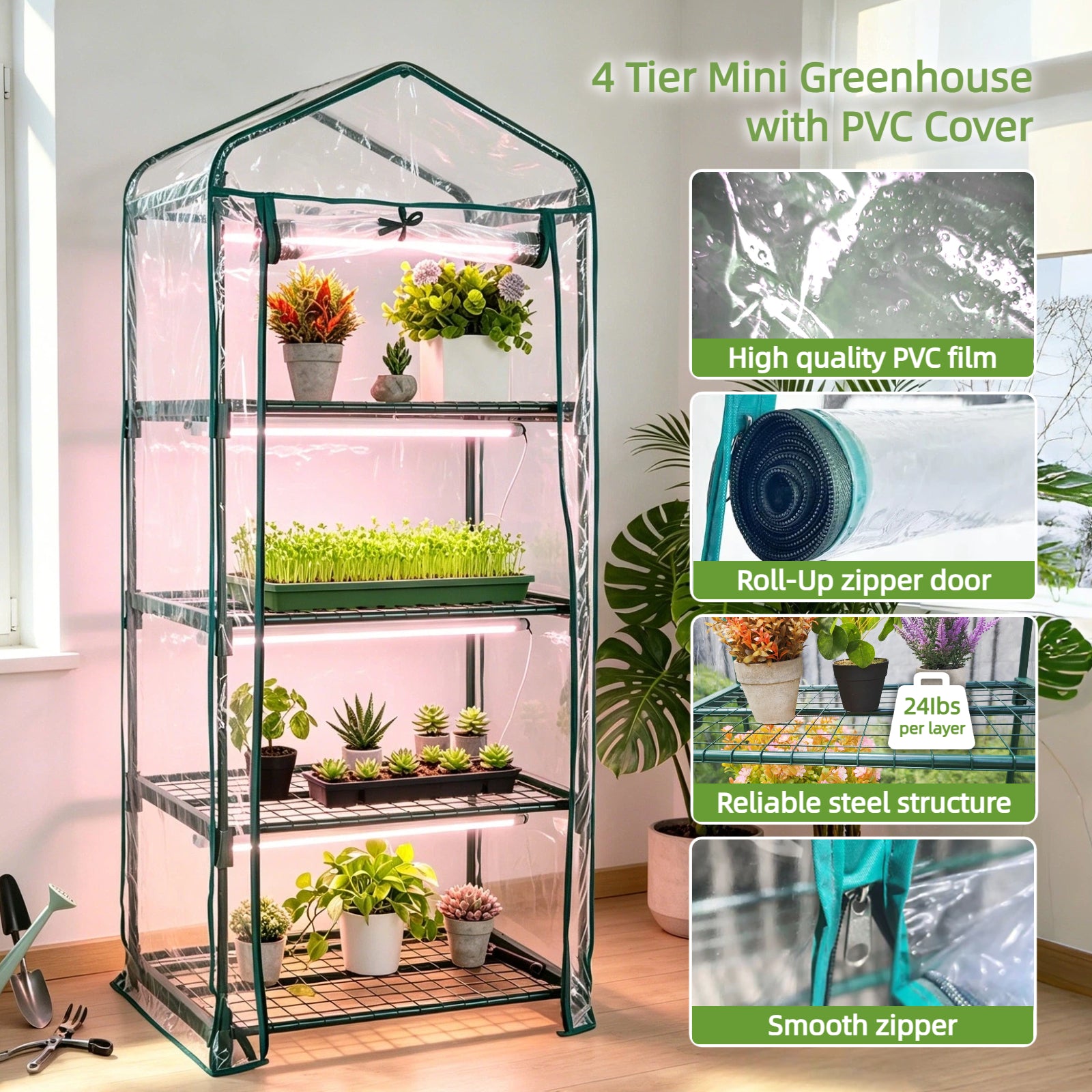 4 Tier PVC Indoor Greenhouse with Grow Light